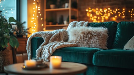 Winterthemed cozy living room with a dark green velvet sofa, fur throw blankets, and twinkling fairy lights, holiday warmth, cozy winter living room, festive ambiance