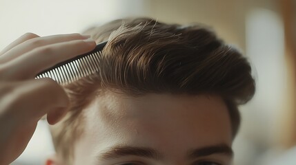 Fototapeta premium Close-up of a young man combing his hair. The comb is being held in his right hand. His hair is light brown and styled in a modern quiff.