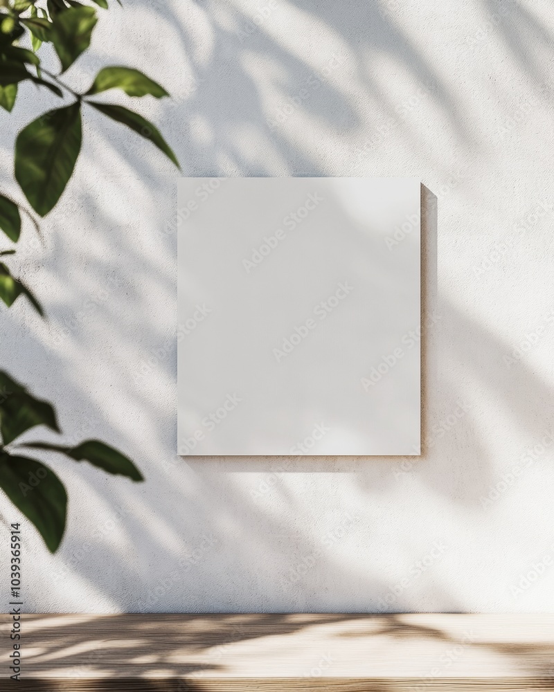 Poster minimalistic mockup of a blank frame on white concrete wall with leaf shadows