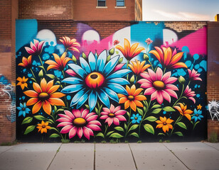 colorful flowers and graffiti in an urban environment