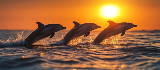 Fototapeta premium Three dolphins leap out of the water at sunset, creating a beautiful silhouette against the golden sky.