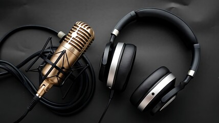 A direct overhead view of studio headphones and a condenser microphone on a smooth, neutral background