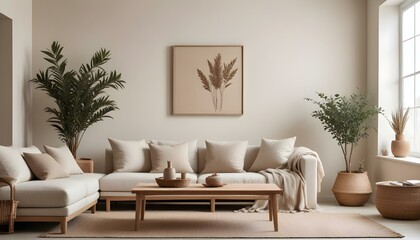 A minimalist living room with a beige sofa, a wooden coffee table, and a large framed mirror on the wall.
