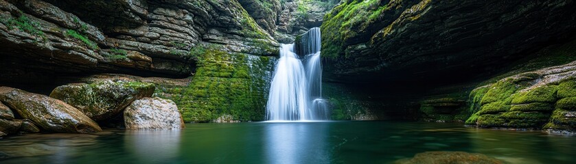 Naklejka premium Breathtaking waterfall cascading into a serene pool surrounded by lush greenery.