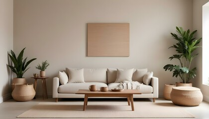 A minimalist living room with a beige sofa, a wooden coffee table, and a large framed mirror on the wall.
