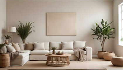 A minimalist living room with a beige sofa, a wooden coffee table, and a large framed mirror on the wall.