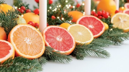 Vibrant Holiday Table with Citrus Fruits and Sustainable Decor