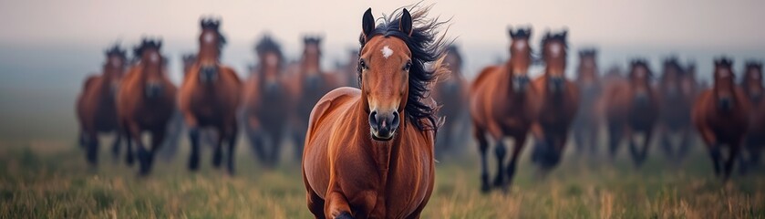 Obraz premium Horse running wildly in a herd on a foggy morning in the countryside.
