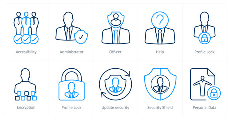 A set of 10 gdpr icons as accessibility, administrator, officer