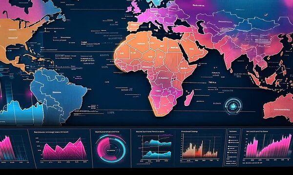 Colorful world map visualizing data with graphs and charts.