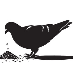 Silhouette of a pigeon eating birdseed.