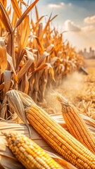  Close-Up of Corn Ears in Sunlit Field During Autumn Harvest