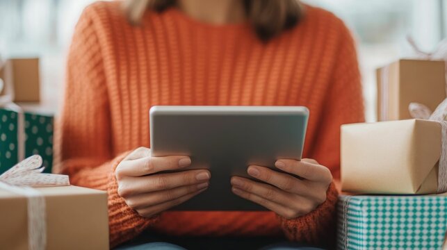 Person using a digital tablet to browse and review Cyber Monday online shopping promotions and discounts while surrounded by gift packages and boxes on a desk or office workspace