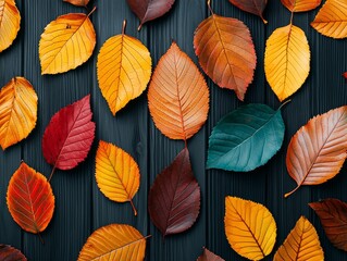 Fototapeta premium A vibrant arrangement of various autumn leaves in shades of yellow, orange, red, and green, laid out beautifully on a dark wooden surface.