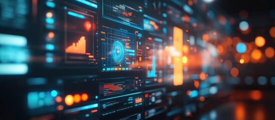 Abstract digital interface with blue and orange glowing elements.
