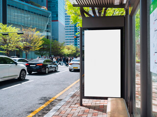 Mock up Banner Media Advertisement at bus stop City street Blank board template