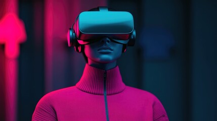 Immersive Futuristic Virtual Reality Cyber Monday Shopping Experience with Floating Glowing Sale Promotion Displayed in a Dark Environment with Red and Blue Lighting