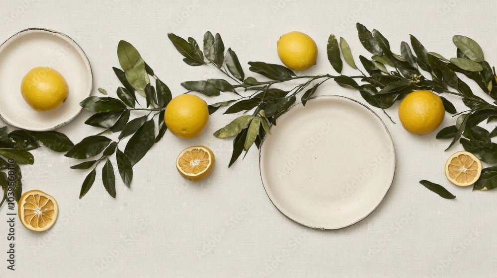 Aufkleber Fresh Citrus Table Setting with Lemons and Greenery in Minimalist Style