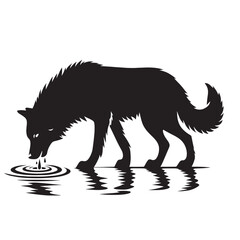 Silhouette of a wolf drinking water from a pool.