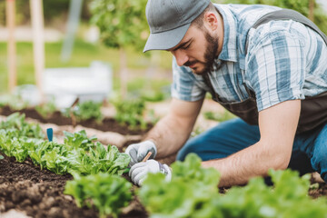 Fototapeta premium A gardener plants seedlings of greenery or flowers, hands in gardening gloves. Spring sustainable gardening