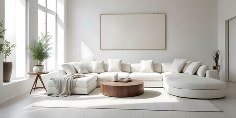 A modern living room with a large white sectional sofa, a round wooden coffee table, and two framed wall art pieces.