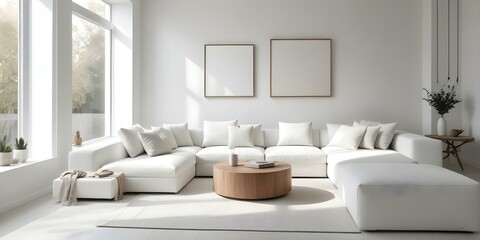 A modern living room with a large white sectional sofa, a round wooden coffee table, and two framed wall art pieces.