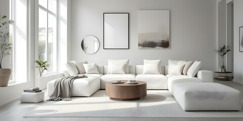 Fototapeta premium A modern living room with a large white sectional sofa, a round wooden coffee table, and two framed wall art pieces.