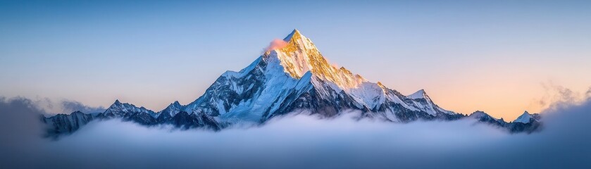 Majestic mountain peak with snow, glowing under the early morning sunlight.