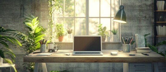 Fototapeta premium Modern home office desk with laptop, plants and window sunlight.