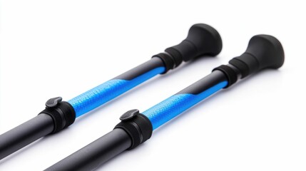 Adjustable and Lightweight Aluminum Trekking Poles in Black and Blue Color Isolated on White Background with Shallow Depth of Field