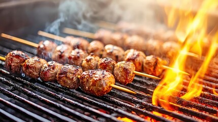 Grilled meat skewers with flames and smoke on a barbecue grill.
