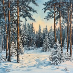 Fototapeta premium Landscape with snowy pine forest