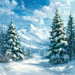 Landscape with snowy pine forest
