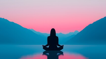 A Serene Woman Meditates by a Tranquil Lake Surrounded by Majestic Mountains at Sunset Glow. Stress Management Concept