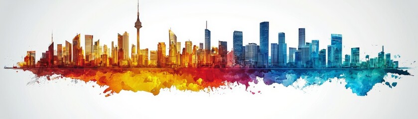 Obraz premium A colorful watercolor silhouette of a city skyline featuring tall buildings and vibrant hues blending from orange to blue.