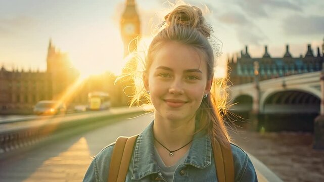 Young woman with a book standing on a bridge with Big Ben in the background on a cloudy day. Capturing the essence of London. Suitable for travel blogs, education content, and lifestyle imagery. Gener