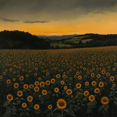 Obraz premium Landscape with sunflower field at dusk