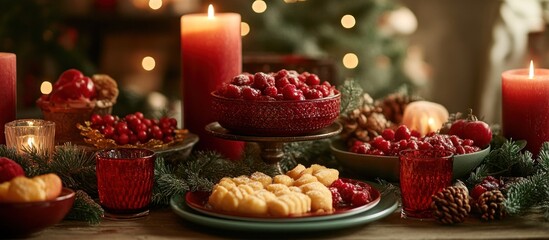 Festive table setting with red candles, berries, desserts, and Christmas decor.