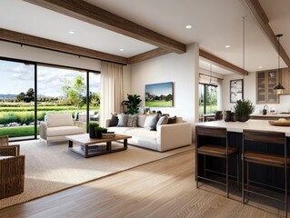 Fototapeta premium Modern Living Room with Open Concept Design and Scenic Views of Nature