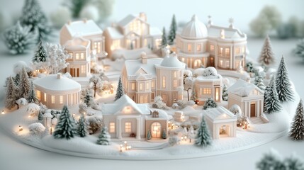 Snowy Christmas village with elegant houses and festive illuminations