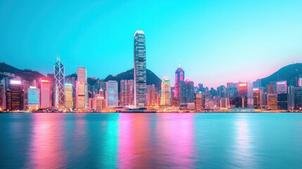 Fototapeta premium Stunning Twilight View of Hong Kong Skyline with Vibrant Colors and Reflections in the Water