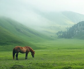 Naklejka premium A tranquil landscape featuring a solitary horse grazing in a lush green meadow surrounded by misty hills.