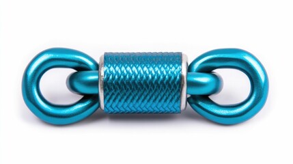 Durable aluminum climbing belay device in striking blue and silver color scheme isolated on a clean white background with deep depth of field