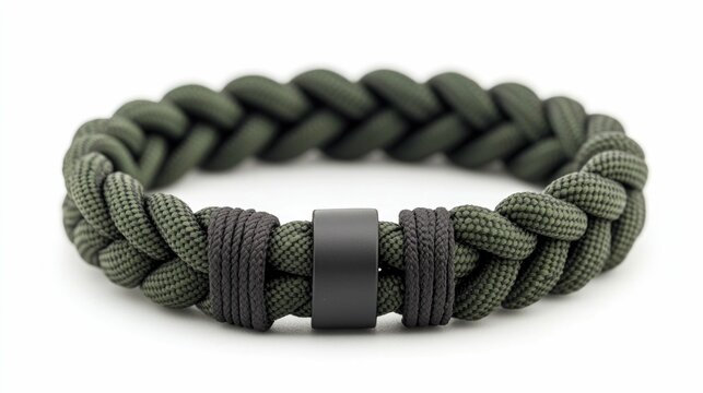 A rugged and durable paracord bracelet  designed as essential survival gear for outdoor adventures  emergencies