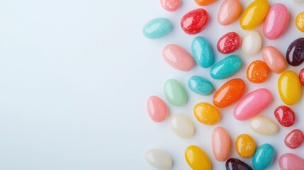 Flat lay photography of a colorful assortment of bright pastel toned jelly beans scattered across a clean white background with a deep depth of field creating a visually appealing