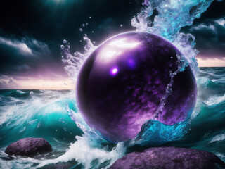 giant glass globe splashed by ocean