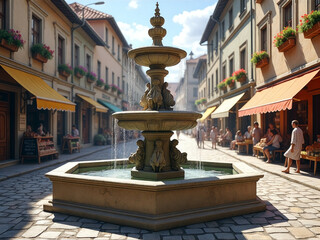 Fototapeta premium Fountain in the middle of a city street with people walking by