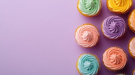Closeup of a group of colorful cupcakes with vibrant pastel colored buttercream frosting arranged in a circular display on a soft purple background