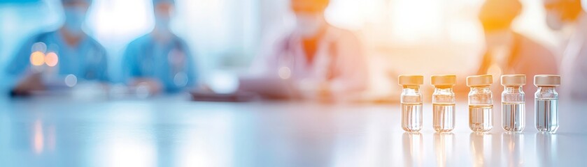 Laboratory scene featuring clear vials in focus with medical professionals in the background, suggesting research or discussion related to science and healthcare.
