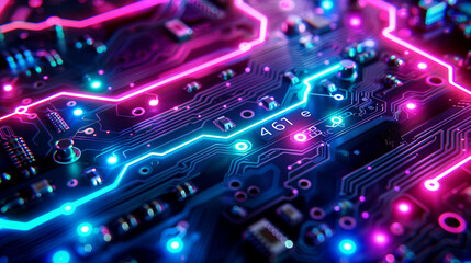 Obraz premium Vibrant circuit board illuminated with neon colors showcasing intricate designs